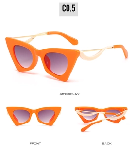 Détails de lunettes œil de chat avec monture orange, branches ondulées et verres dégradés