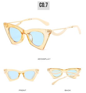 Trois perspectives de lunettes de soleil œil de chat jaunes avec verres bleus