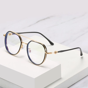 Retro square TR90 metal frame glasses with gold double bridge in black finish