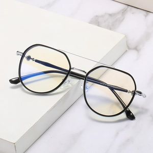 Black polygon TR90 frame glasses with silver double bridge and cross-patterned metal hinge