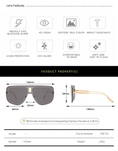 Tableau des tailles détaillé pour lunettes de soleil en métal avec dimensions