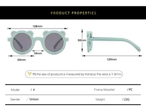 Sizing chart for round bear-ear sunglasses showing frame dimensions and PC material specs