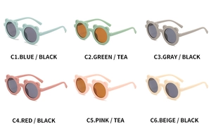 Detailed grid of six bear-shaped kids sunglasses in various matte candy colors with labels