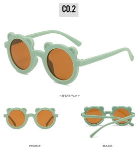 Three-way view of green bear-ear sunglasses for kids in front, back and side angles