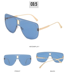 Vue en trois dimensions de lunettes de soleil bleues oversize avec monture dorée