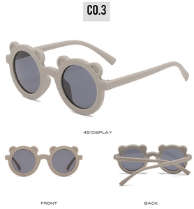 Detail views of round bear-ear sunglasses for kids in matte beige with dark grey lenses