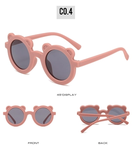 Pink round-frame bear sunglasses for kids showing front, back and 45-degree views