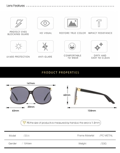 Dimensions détaillées et caractéristiques pour lunettes de soleil unisexes 2214