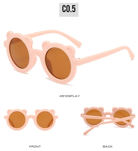 Three-way display showing the front, back and side view of pink bear ear kids sunglasses