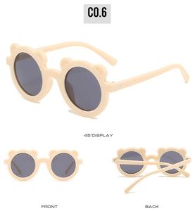 Three-angle display of cream round bear-ear sunglasses showing front, back, and 45-degree views