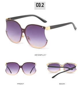 Détail de lunettes papillon dégradé violet avec accents dorés et branches noires