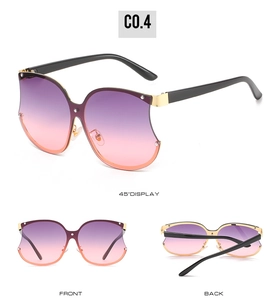 Trois vues de lunettes de soleil papillon avec verres dégradés violets et roses