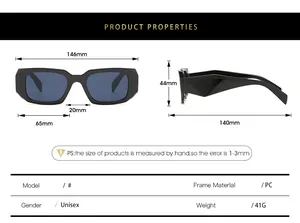 Detailed size chart for square sunglasses showing frame width 146mm and lens dimensions