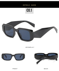 Three views of square frame sunglasses showing front, back and 45-degree angles