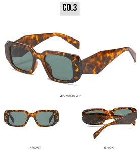 Detailed views of tortoise shell rectangular sunglasses with dark green lenses C0.3