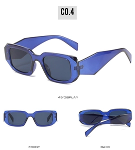 Three-angle views of translucent navy blue square sunglasses with thick plastic frames