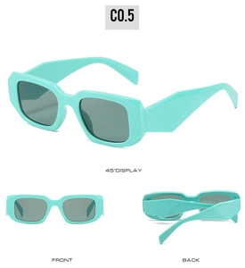 Multiple views of mint green square sunglasses with thick frames and grey lenses