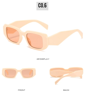 Three views of beige square sunglasses showing front, back and 45-degree side angles