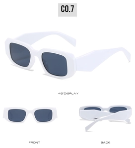 Multiple views of white square frame sunglasses with dark grey lenses and wide temples
