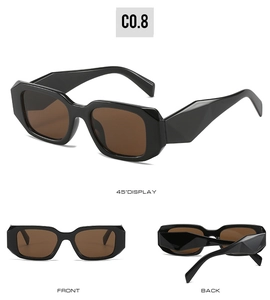 Three perspectives of square geometric sunglasses with thick black frames and brown lenses