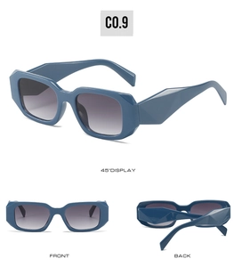 Three-angle view of square sunglasses in dark blue frame with gray gradient lenses