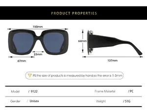 Tableau des tailles détaillé et spécifications pour les lunettes de soleil carrées
