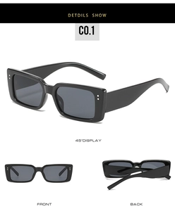 Drei Perspektiven einer schwarzen quadratischen Sonnenbrille mit silbernen Nieten