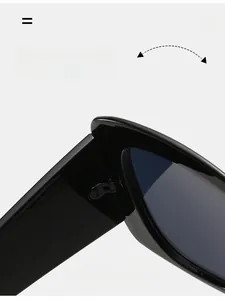 Détail de la charnière en métal et des spécifications sur les lunettes de soleil noires