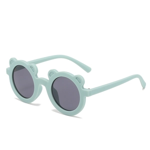 Mint green bear-ear children sunglasses with round frames and dark grey lenses