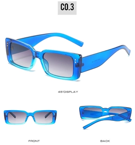 Drei Ansichten der Retro-Rechteck-Sonnenbrille mit blauem Gestell und grauen Verlaufsgläsern