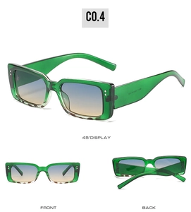 Drei Ansichten einer grünen rechteckigen Sonnenbrille mit Verlaufsgläsern