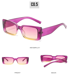 Detailsicht der lila rechteckigen Sonnenbrille mit Farbverlauf und Silberakzenten