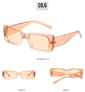Drei Perspektiven der Retro-Rechteck-Sonnenbrille in transluzentem Champagner-Ton