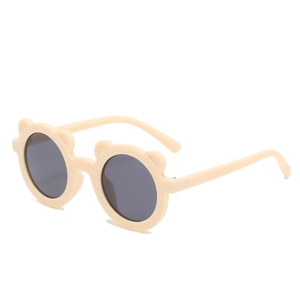 Creamy beige round bear-shaped sunglasses for kids with stylish dark grey lenses