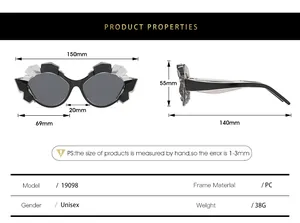 Detailed dimension chart showing frame size and PC material for oversized cat eye sunglasses