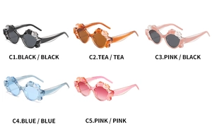 Detailed grid of geometric cat eye sunglasses in five colors with faceted frames