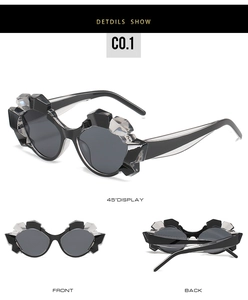 Front, back and 45-degree angle display of polygonal crystal frame sunglasses