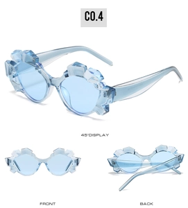 Three-angle views of light blue polygon sunglasses with crystal texture and ice-like frames