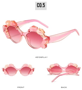 Detailed views of geometric pink transparent cat eye sunglasses from multiple angles