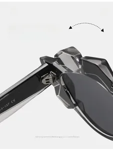 Detail of durable metal hinge on translucent gray sunglasses with CE certification mark