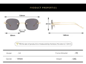 Detailed size guide for rimless vintage sunglasses with full frame dimensions and weight