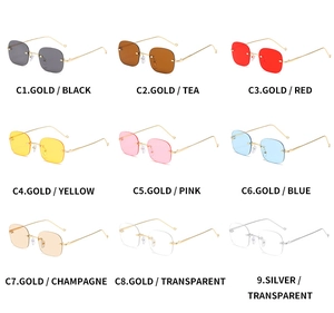 Detailed catalog of rimless square sunglasses in nine color options with metal temples