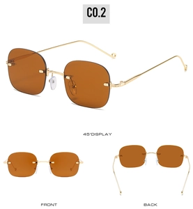 Retro rimless sunglasses with brown lenses and gold metal temples in multiple views