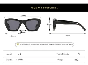 Detailed size chart for square sunglasses showing frame width and lens dimensions