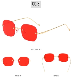 Three views of rimless rectangle sunglasses with red lenses and gold metal temples