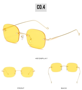 Detailed multi-angle views of rimless sunglasses with yellow lenses and gold metal temples