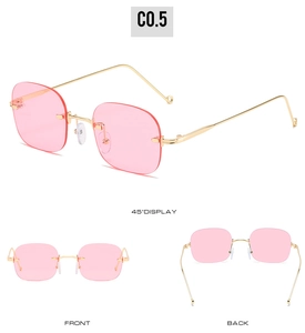 Three views of rimless square sunglasses with pink lenses and gold metal temples
