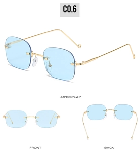 Detailed multi-angle view of rimless square sunglasses with blue lenses and gold metal frame