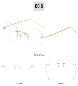 Front, back, and 45-degree angle display of retro rimless square glasses with gold temples
