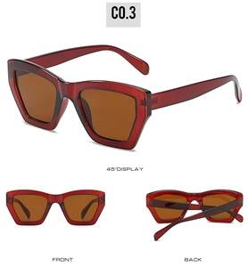 Detail view of red translucent cat-eye sunglasses with brown lenses from three angles